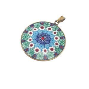 Millefiori Round Pendant Necklace With Intricate Floral Mosaic Design